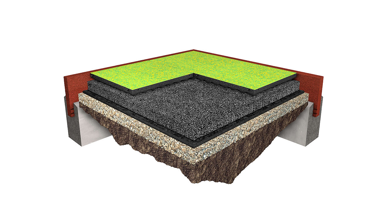 Aufbaugrafik der Fallschutzplatte REGUPOL playfix funtastic mit fugenloser EPDM-Nutzschicht für sicheres Spielen auf Spielplätzen Aufbaugrafik der Fallschutzplatte REGUPOL playfix funtastic mit fugenloser EPDM-Nutzschicht für sicheres Spielen auf Spielplätzen